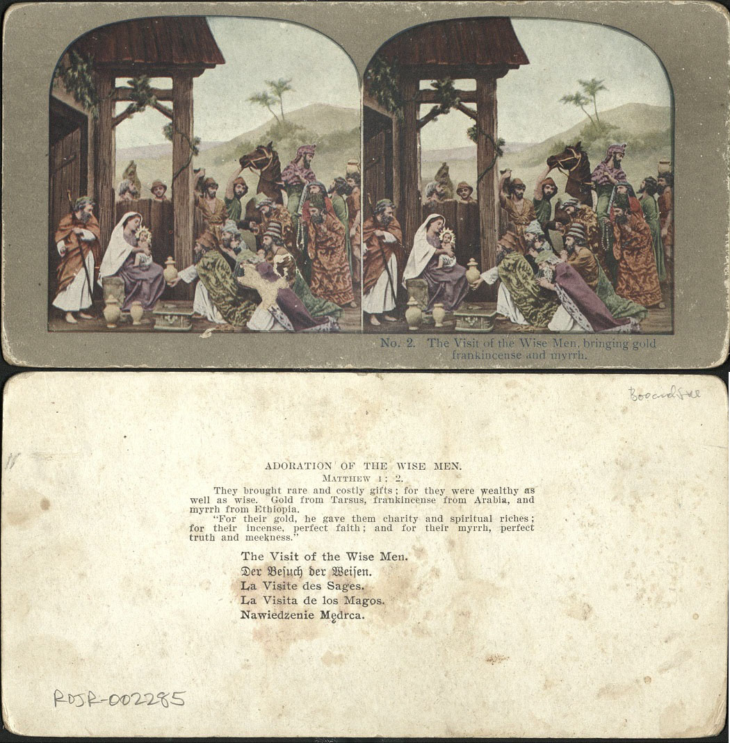 The Visit of the Wise Men, bringing gold, frankincense and myrrh.